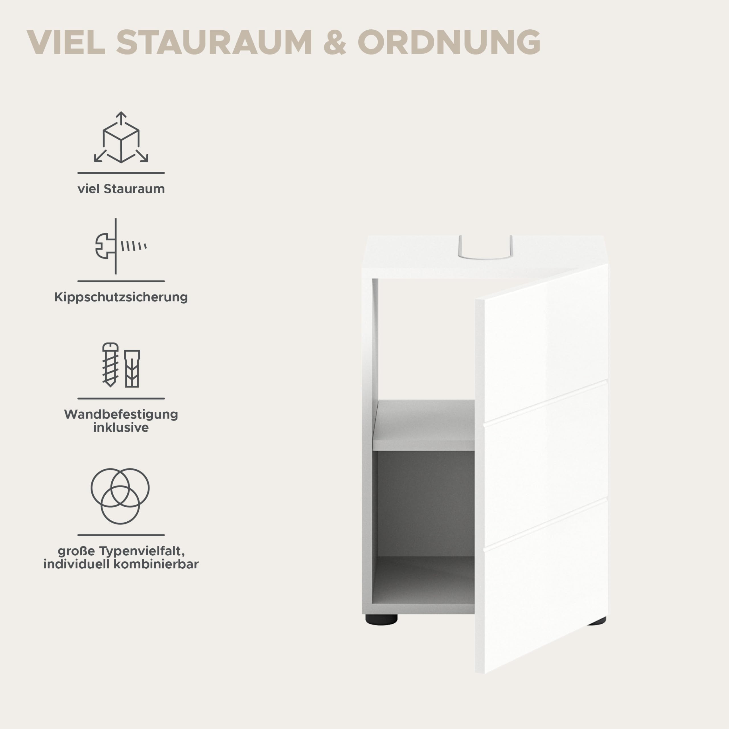 xonox.home - Waschbeckenunterschrank Vira 38x56x34 cm in weiß Hochglanz Tiefziehfront - Unterschrank Waschtischunterschrank Badezimmerunterschrank - praktisch für Gästebäder oder kleine Badezimmer
