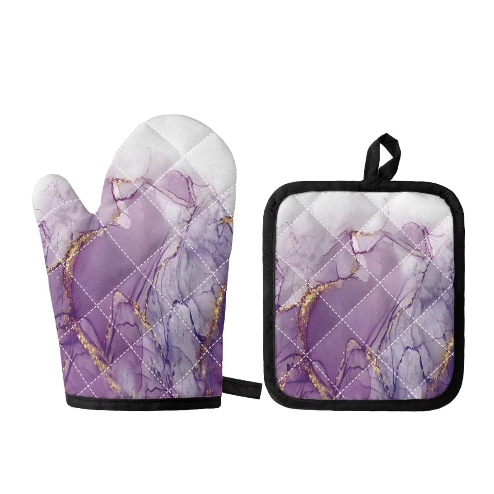 JOAIFO Purple Marble Oven Mitts and Pot Holders 2 Sets, Heat Resistant Oven Mitt and Pot Holder, Oven Glove&Potholders, Kitchen Essentials for Cooking/Baking/BBQ