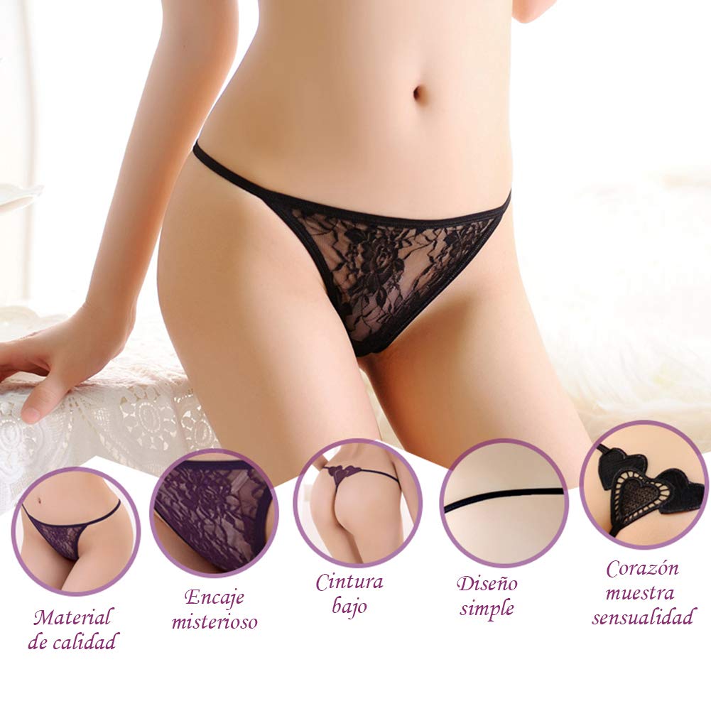 VicSec 4 Pack Braguitas Mujeres Sexy Encaje Fina, Erótica Tanga Suave G-String Atractiva Lencería Interior Espalda Decora Corazon Talla Única (Negro+Blanco+Rojo+Azul)