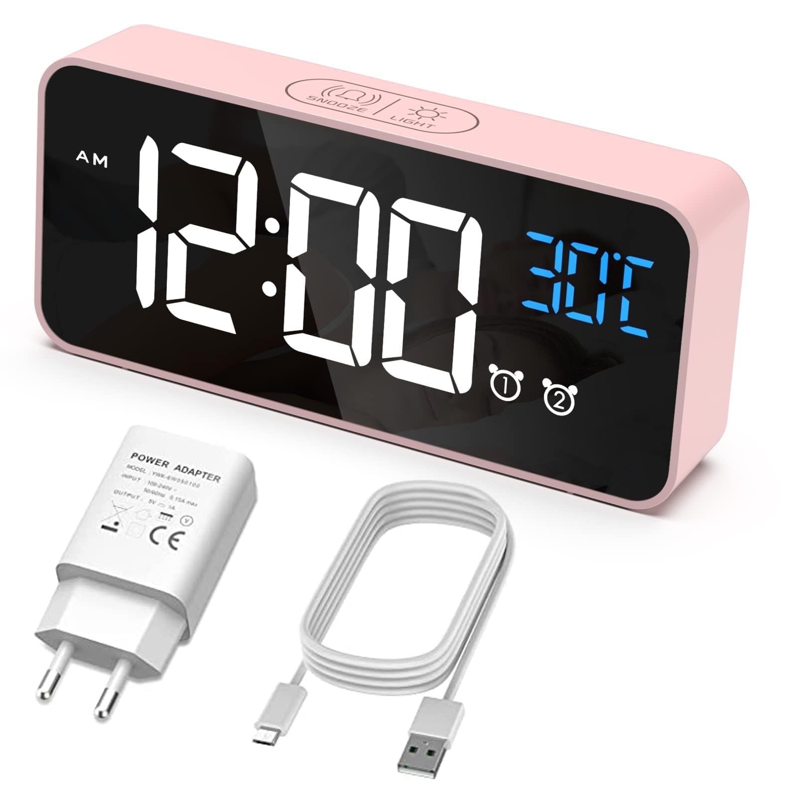 HERMIC Wecker Digital, LED Digitaluhr mit Temperaturanzeige Tragbarer Spiegelalarm Tischuhr mit 2 Alarmen 10 Alarmtöne USB Wiederaufladbar 4 Helligkeit und 3 Lautstärke Regelbar, Rosa