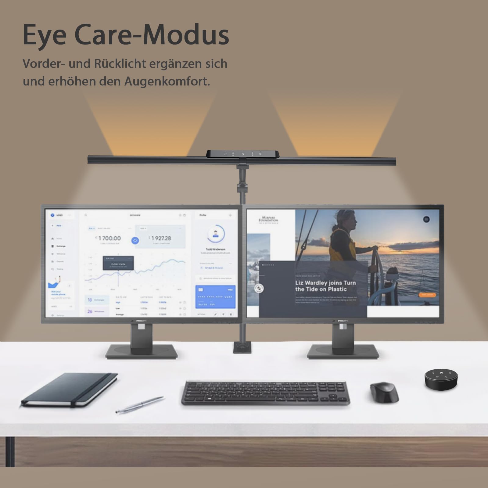 OOWOLF Schreibtischlampe LED, 81,5 cm, 24W dimmbar, 2750-5400K, mit Gestensteuerung & Fernbedienung, Doppelkopf, höhenverstellbar, klemmbar, für Büro, Homeoffice und Detailarbeiten