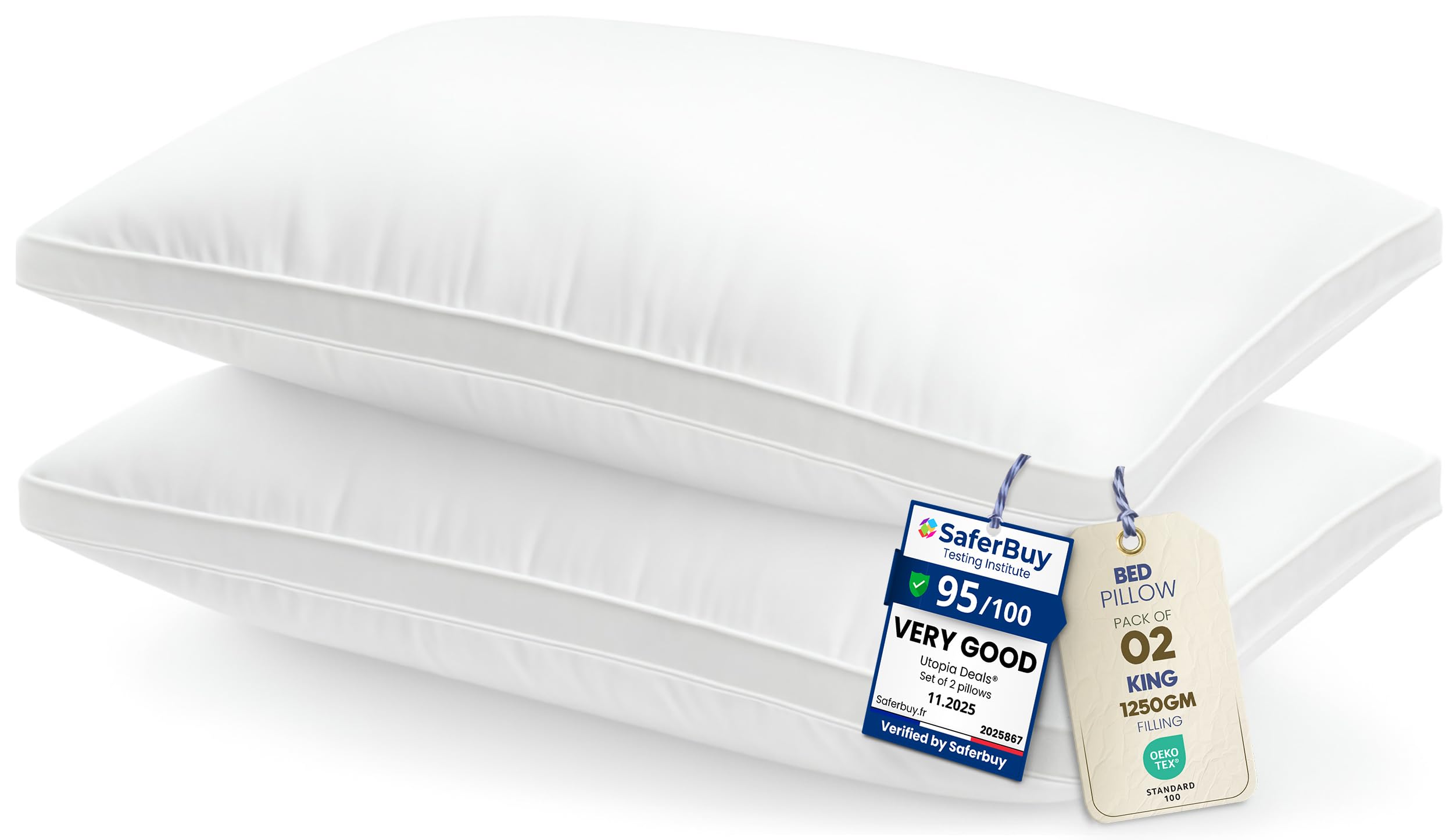 Utopia Bedding Pillows 2 Pack Super King Size, (White) Luxury Hotel Quality Pillows, Brushed Fabric, Bed Pillow for Back, Stomach or Side Sleepers - 20 x 36 inch / 50 x 90 cm