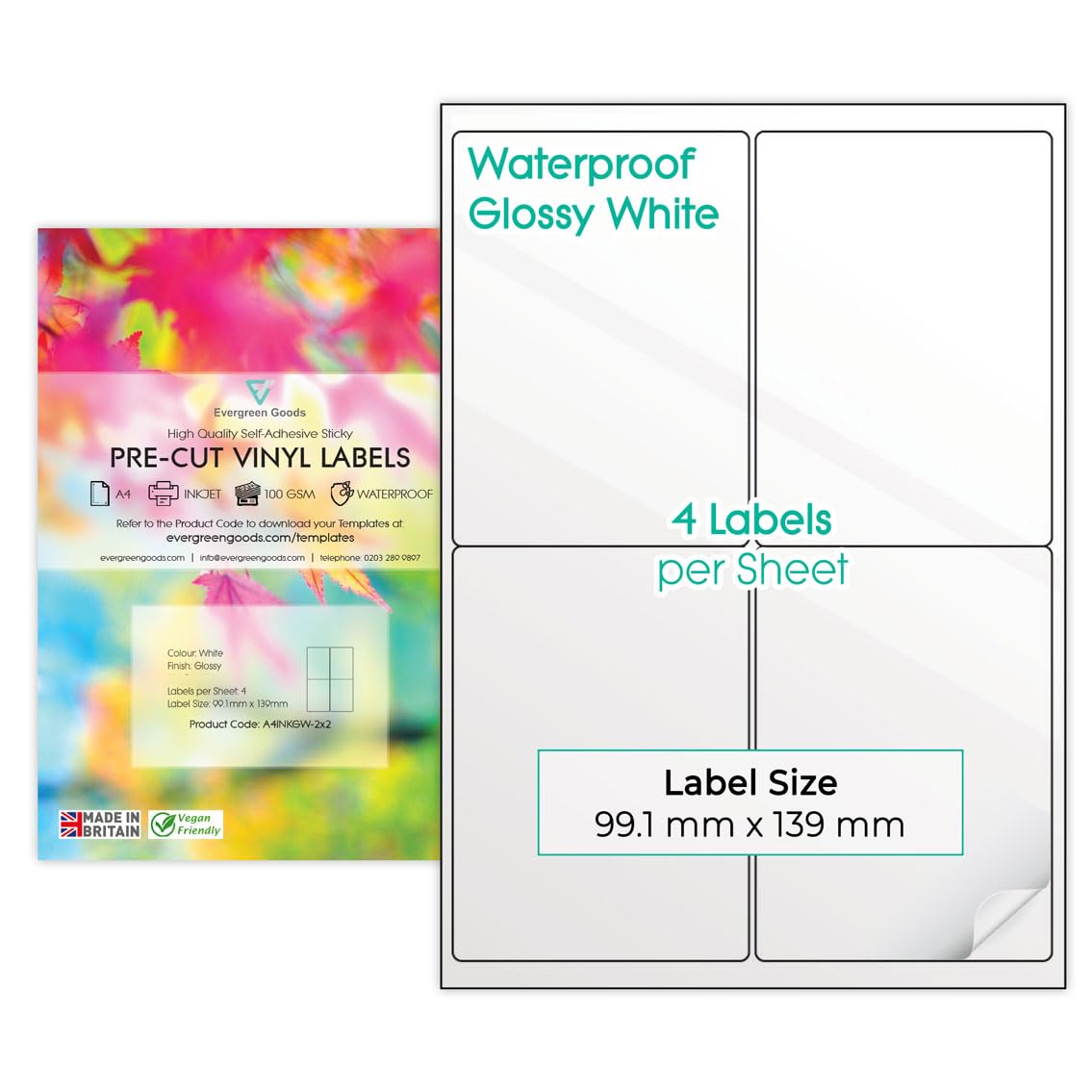 PreCut Printable Vinyl Multi Sticker Labels A4 (2x2 (4 per Sheet), 20 Sheets) | Glossy White Waterproof Labels - 9 Size Variations - Inkjet & Laser Compatible | Labels Stickers A4 Sheet