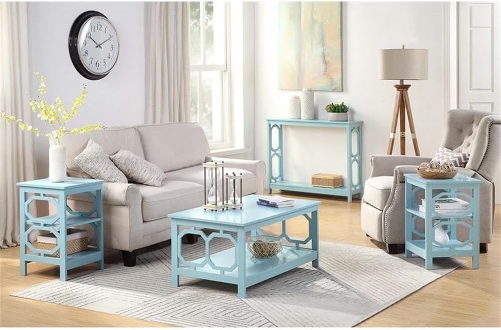 Pemberly Row Contemporary Console Table, Seafoam Green Wood Finish, MDF and Particleboard, 39.5 x 12 x 31.5 in, Two-Tier Shelving, Octagonal Design, Entryway, Home Office or Living Room Use