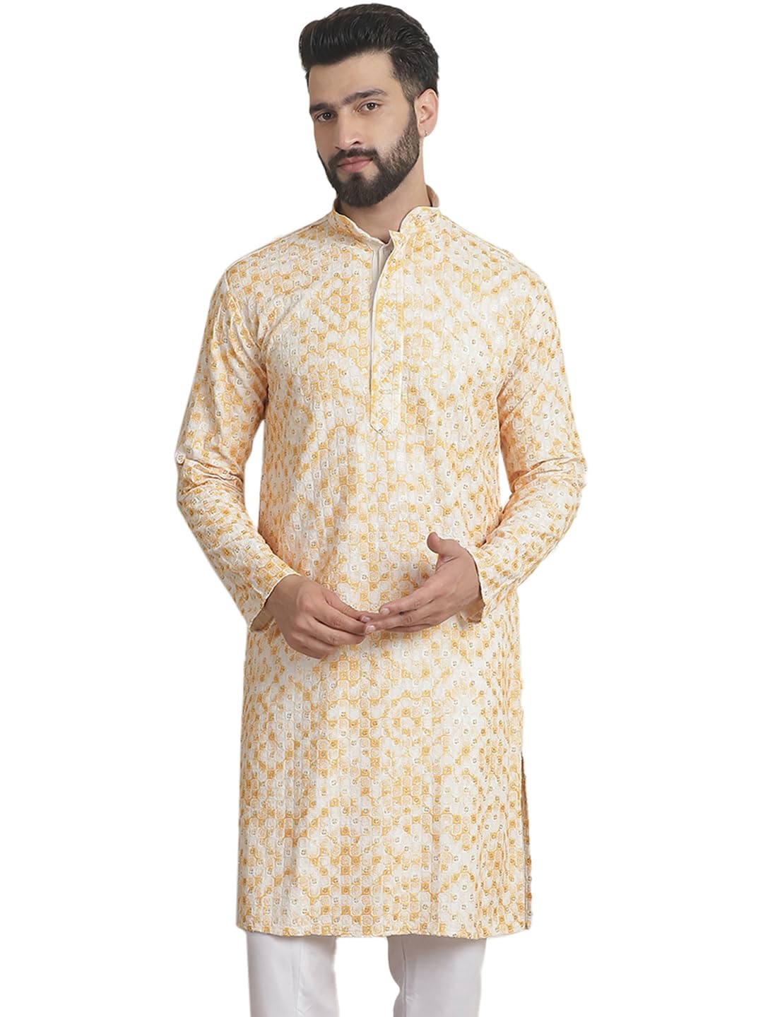 sojanya (Since 1958 Men's Cotton Gold Sequinned Embroidered White & Yellow Long Kurta-picture-21