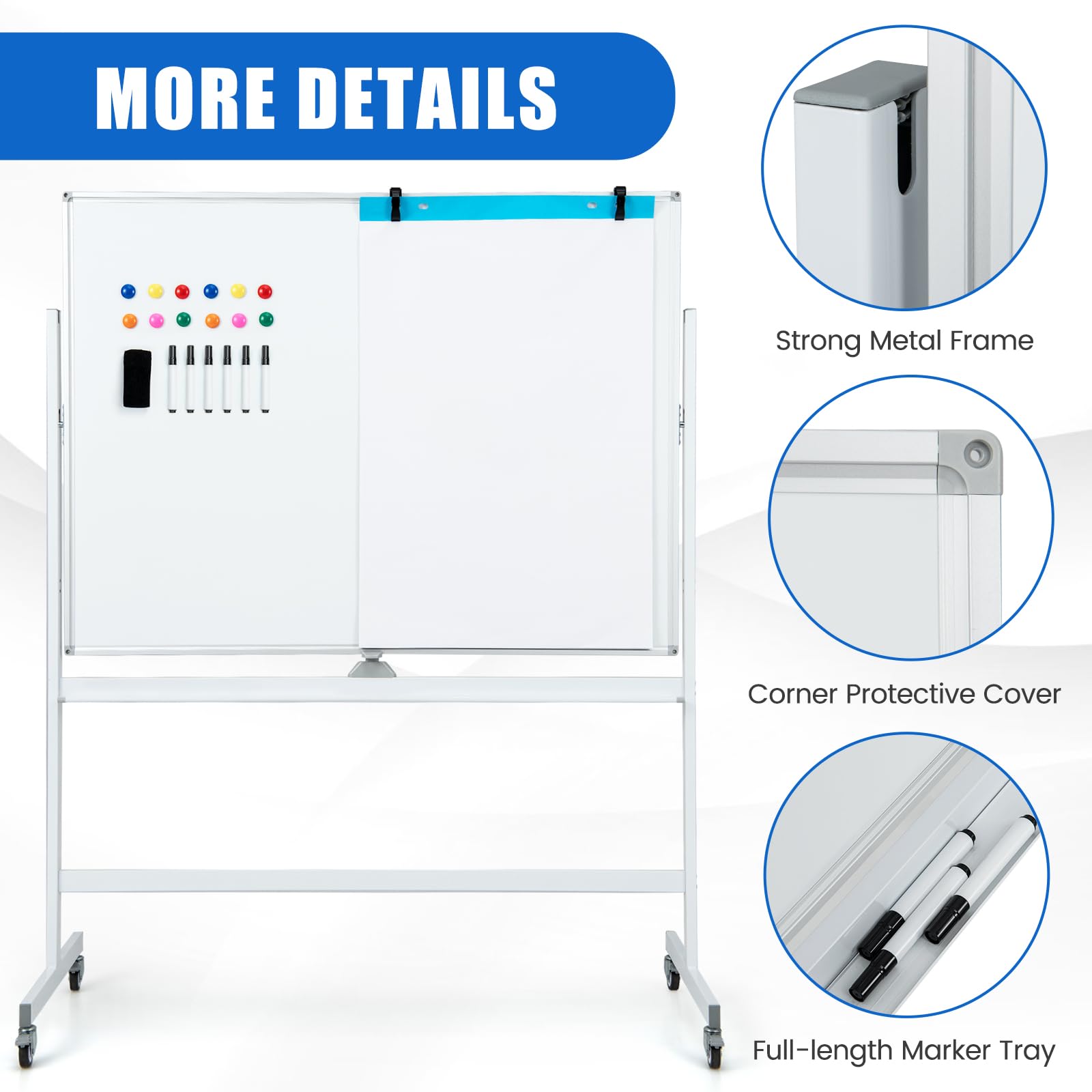 GIANTEX Pizarra Blanca Magnética de Doble Cara, 120 x 90 cm, Pizarra Móvil con Altura Ajustable de 2 Niveles, con Borrador, Marcadores Negros, Imanes, Whiteboard para Aula, Oficina (Blanco)