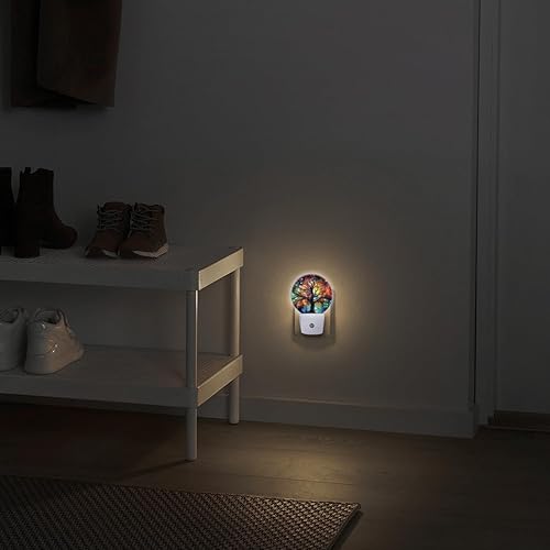 Miniatura 2 de Lámpara de noche LED redonda con sensor de atardecer a amanecer, vibrante árbol de la vida con ramas, luz nocturna enchufable a la pared para