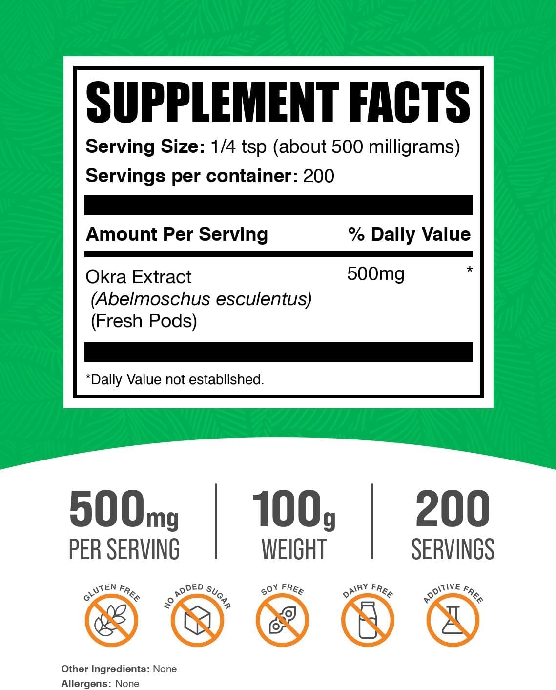 BulkSupplements.com Okra Extract Powder - Okra Supplement, Source of Fiber, Herbal Supplement - Vegan & Gluten Free, 500mg per Serving, 100g (3.5 oz) (Pack of 1)