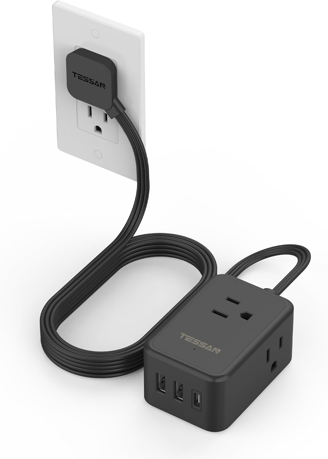 Ultra Thin Flat Extension Cord 10 FT, TESSAN Small Flat Plug Power Strip with 3 USB Charger (1 USB C), 3 Outlets Desk Charging Station, 10 Feet Long Slim Plug for Travel, Dorm Room, Office Essentials