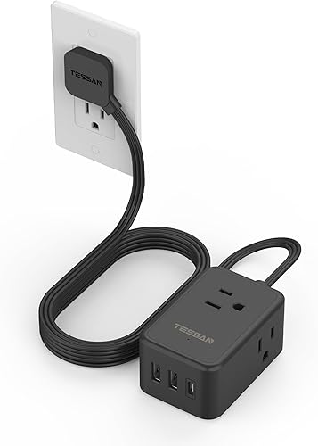 Miniatura 11 de TESSAN - Cable de extensión plano corto, tira de alimentación pequeña con 3 puertos USB (1 USB C), 3 salidas pequeña estación de carga, enchufe Gris