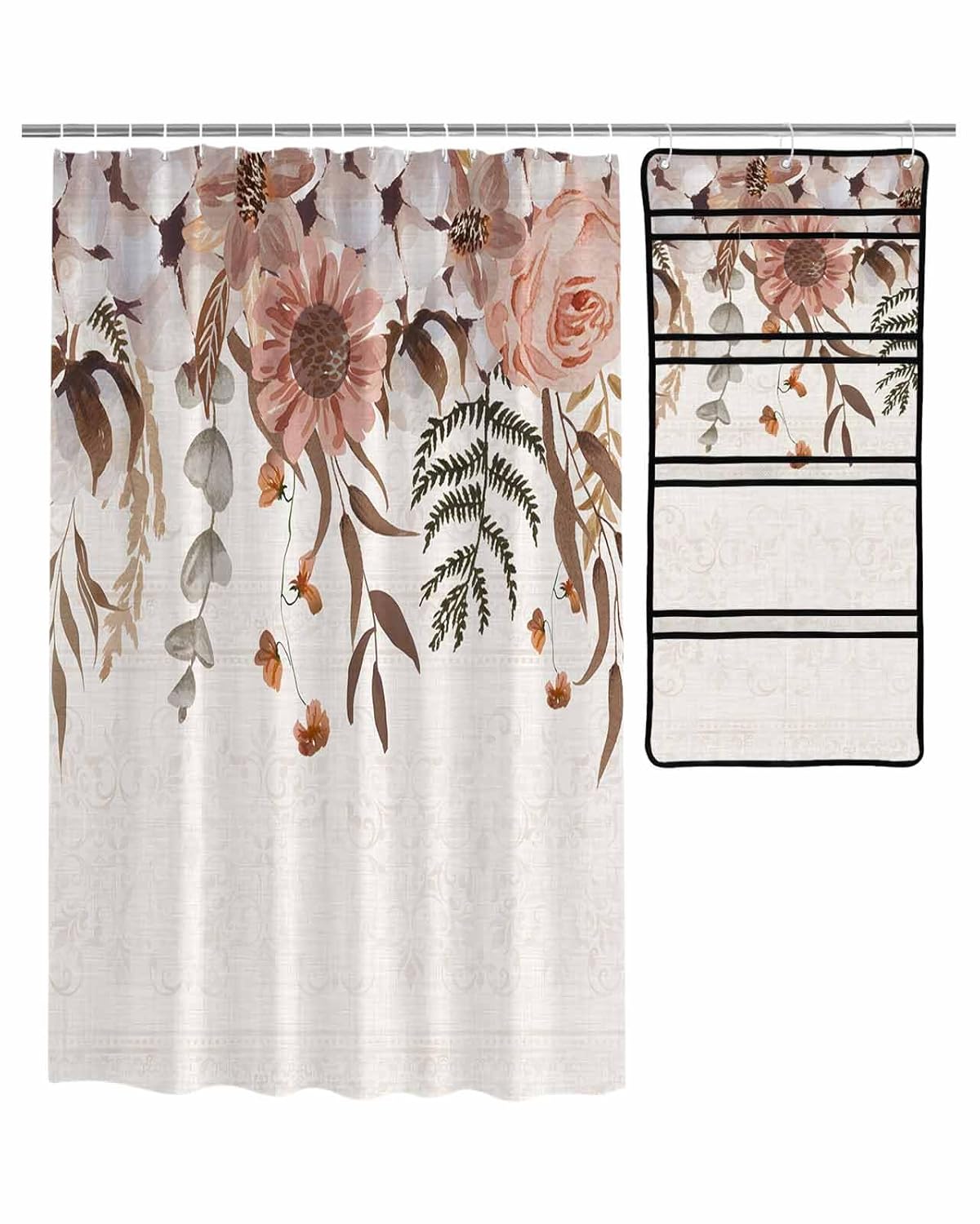 Decorative Shower Curtain Sets Thanksgiving Fall Fabric Waterproof Shower Curtains Autumn Eucalyptus Leaf Floral Textured Beige Mesh Shower