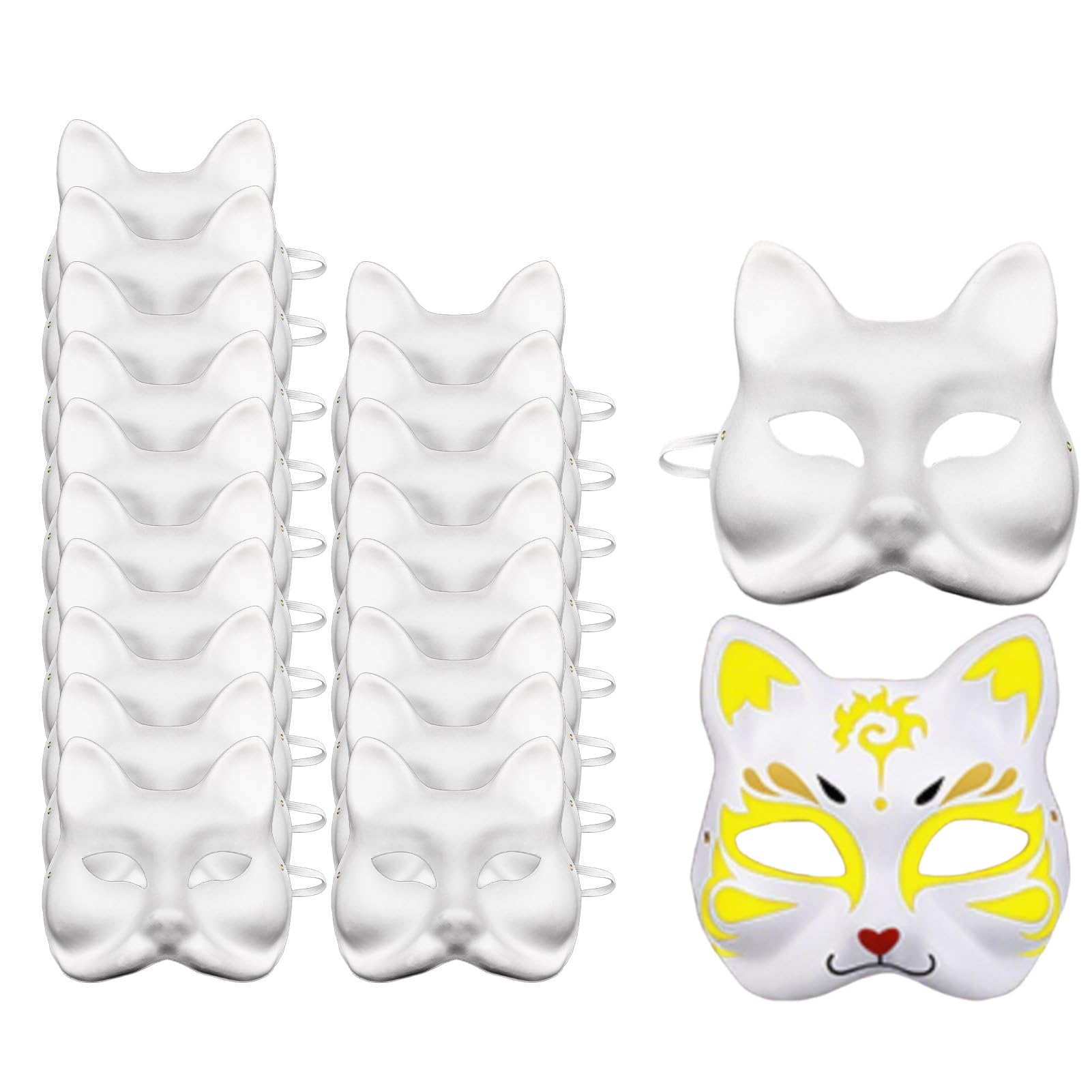 Yuedefly 20 pcs Cat Masks, DIY Fox Animal Mask for Halloween Masquerade Cosplay, White Paper DIY Blank Fox Hand-Paintable Anime Half Face Masks