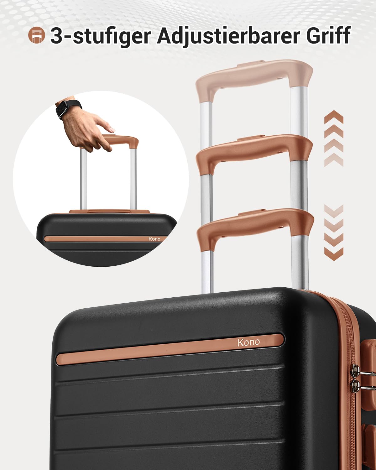 KONO Groß Koffer 94L, Leichter Hartschalenkoffer für Familienreise, Schwarz | Hartschalen-Trolley 76x50x29cm, XL-Koffer mit 4 Doppelrollen, Reisekoffer mit Zahlenschloss - ideal für Internationale Reisen