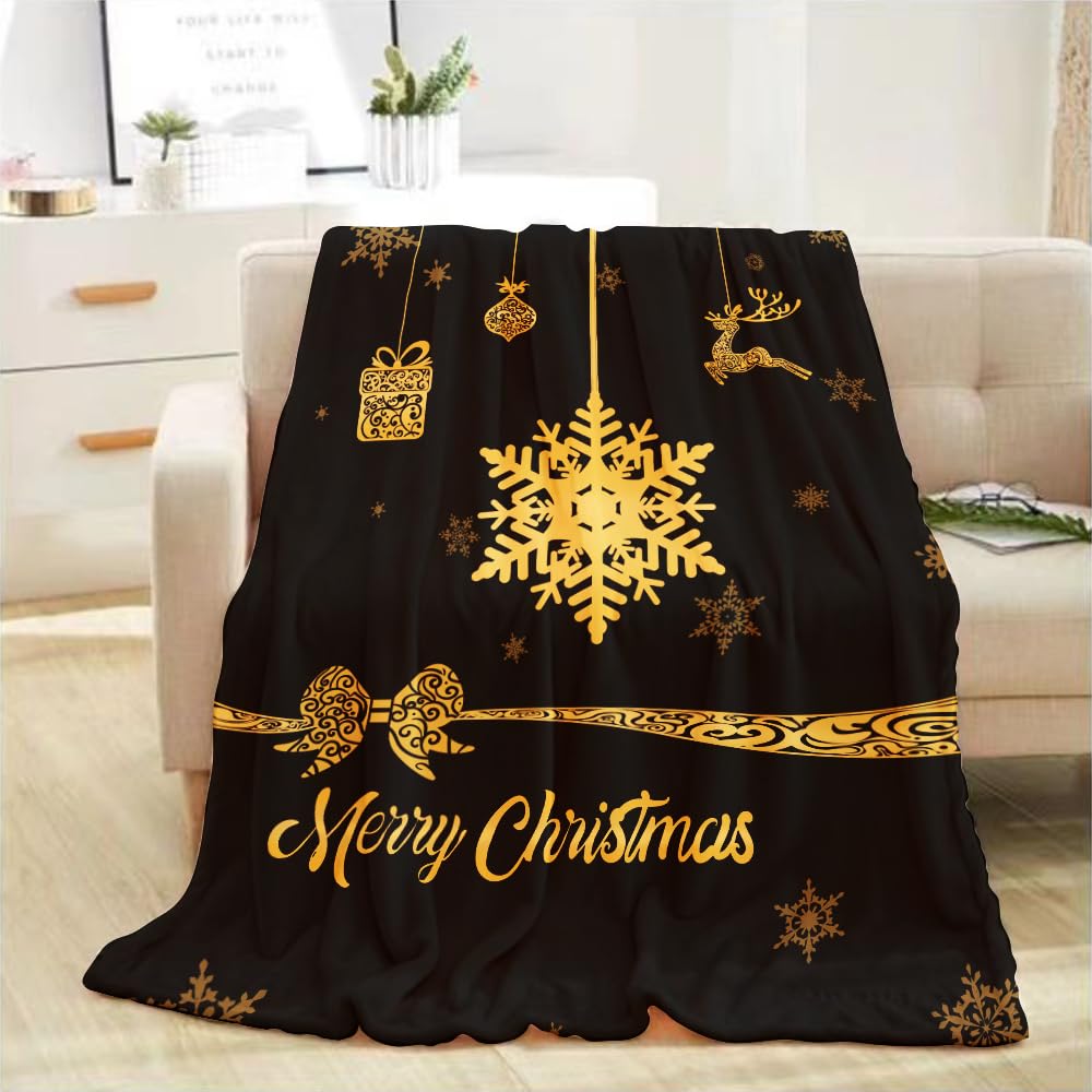Merry Christmas Throw Blanket Kids Small Black Gold Printed Blanket for  Girls Boys Child Baby Bed Soft Lightweight Fuzzy Plush Fleece Snowflake