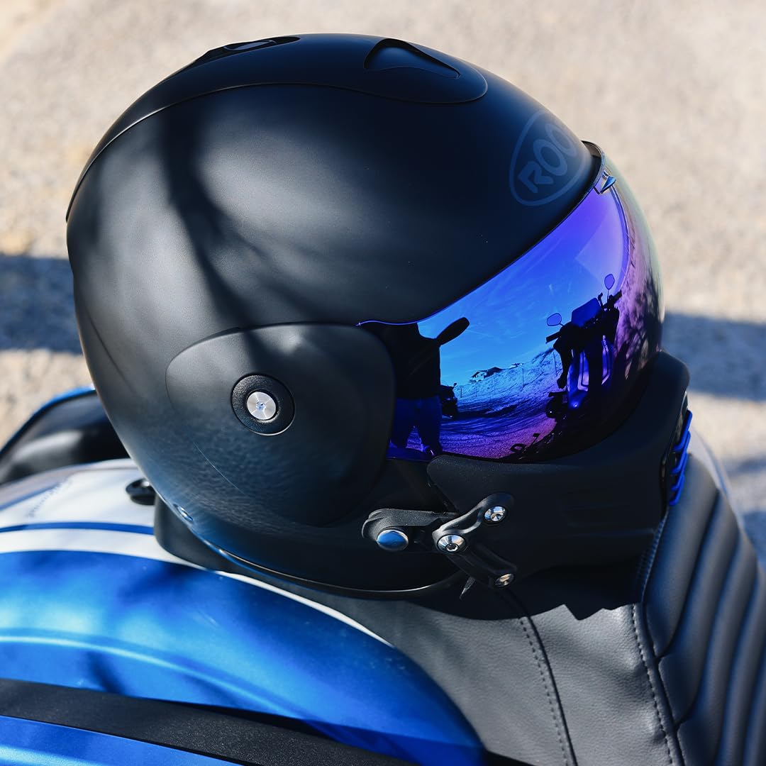 Casque Moto Jet Haut De Gamme ROOF Roadster en Fibre De Verre avec Mentonnière Amovible Magnétique Écran Iridium Inclus– Couleur Iron Noir Mat/Bleu - Offre Directe Usine - Garantie 4 Ans