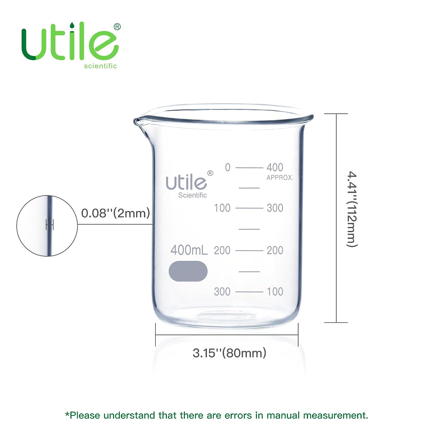 Utile 12 Pcs Glass Beaker Set, Vol.400ml Beakers, Glass Beaker with Double Scale Printed Graduation, 4000.0400.12-X
