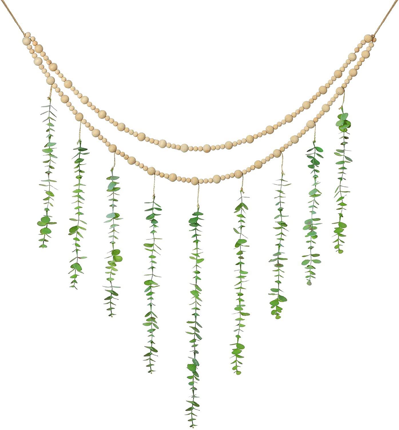 WEISPARK Boho Wall Decor, Artificial Eucalyptus Hanging Plants Large Boho Bedroom Decor Hanging Wooden Bead Garland Natural Greenery Decoration (Green)