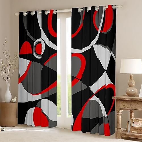 Miniatura 2 de Cortinas opacas con geometría roja, gris, negra, 30% a 50%, para niños, retro, círculos, para dormitorio, sala de estar, cortinas de oscurecimiento