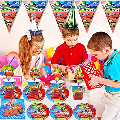 Fuxingzhao The Lightning Cars Birthday Supplies, Mcqueen Race Theme Party Tableware With Pennants, Tablecloth, Disposable 7'' Paper Plates Napkins For Kids Baby Shower Decorations #TOP3