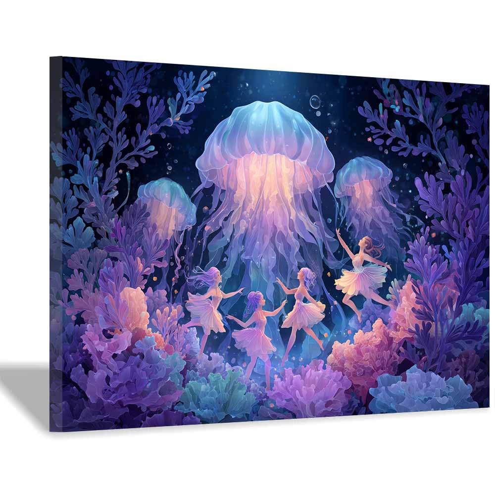 HUYEEI Blue marine animals Landscapes Paintings Jellyfishs Dance Seascape Poster Nature Print for Livings Room Hang Bedroom Bathroom Decor(pink)-70x100cm Framed