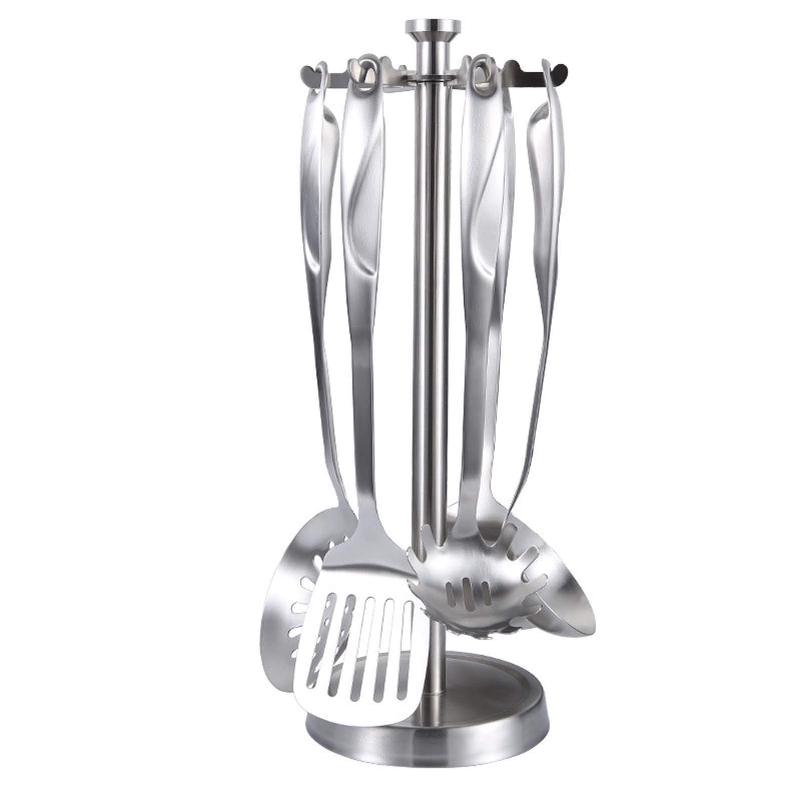 Juego de utensilios de cocina de acero inoxidable, 6 piezas, resistentes al calor, antiadherentes, con soporte, incluye cucharón largo y cucharas para cocinar de forma versátil