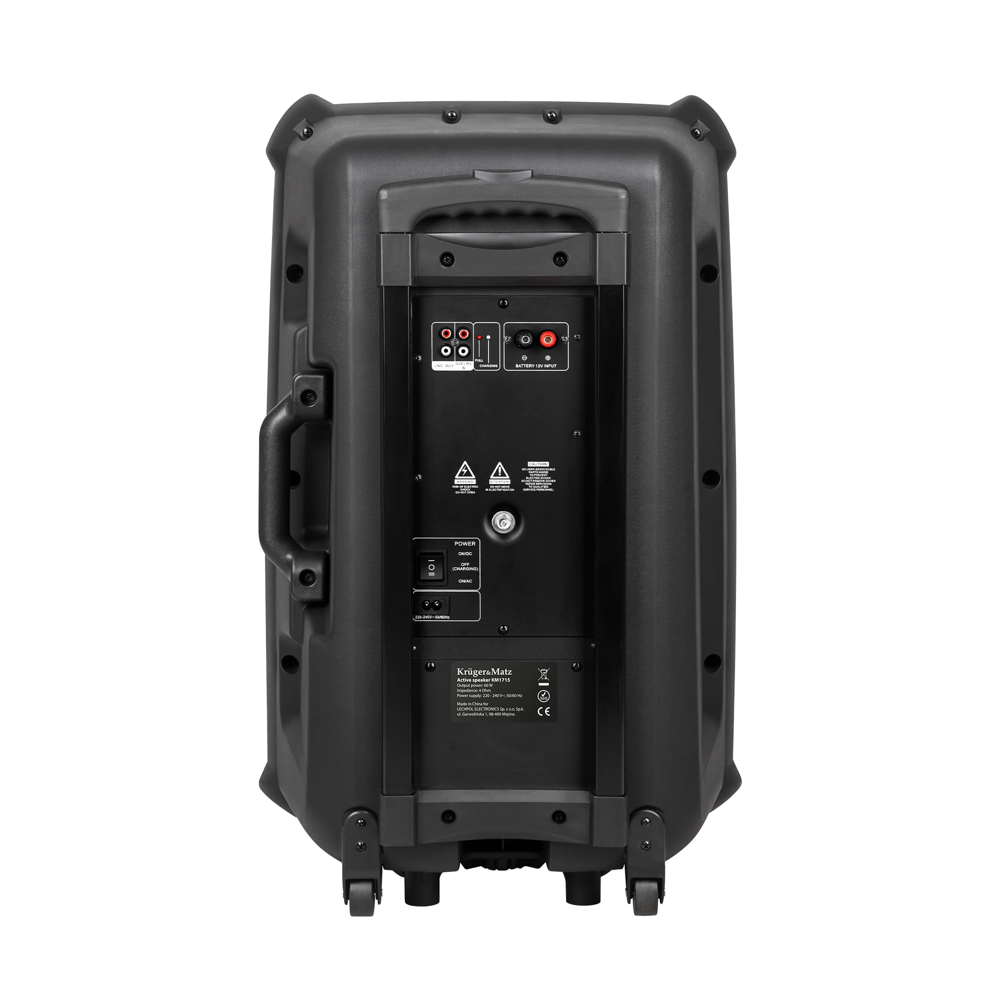 Aktywna kolumna głośnikowa Kruger&Matz KM1715 60 W z 2 mikrofonami bezprzewodowymi UHF, SD, Bluetooth, FM, USB, pilot bezprzewodowy, czarna