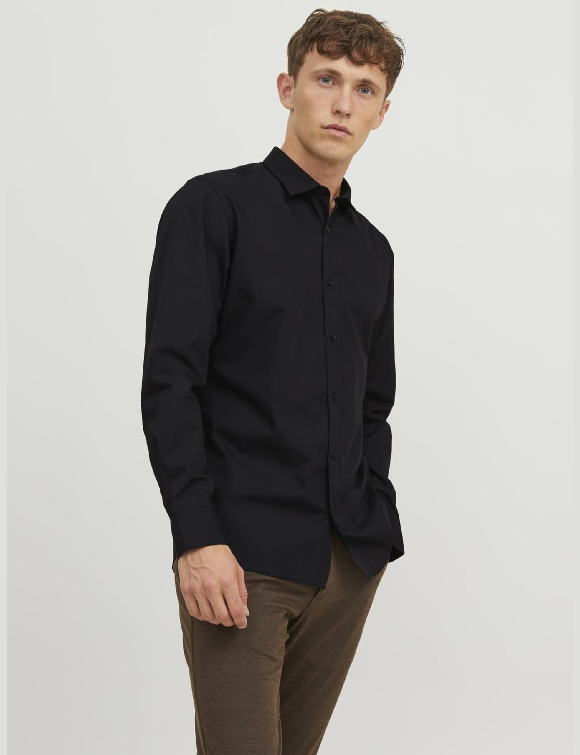 JACK & JONES JJJOE LS Plain Shirt, czarna, L, czarny, L