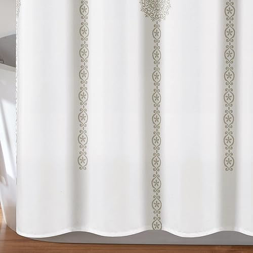 Miniatura 4 de Lush Decor Cortina de ducha con medallón de rayas, diseño de mandala bohemio damasco, 72 x 72 pulgadas, neutro
