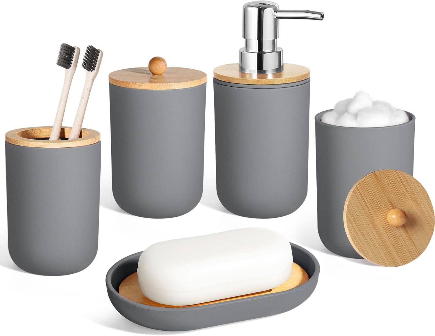 Grey Bathroom Accessories Set, 5 Pcs Bathroom Accessories Set, Plastic Soap Dispenser and Toothbrush Holder Set, Qtip & Cotton Ball Holder, Black Bathroom Set, Boho Bathroom Decor Grey Bathroom Accessories Set, 5 Pcs Bathroom Accessories Set, Plastic Soap Dispenser and Toothbrush Holder Set, Qtip & Cotton Ball Holder, Black Bathroom Set, Boho Bathroom Decor