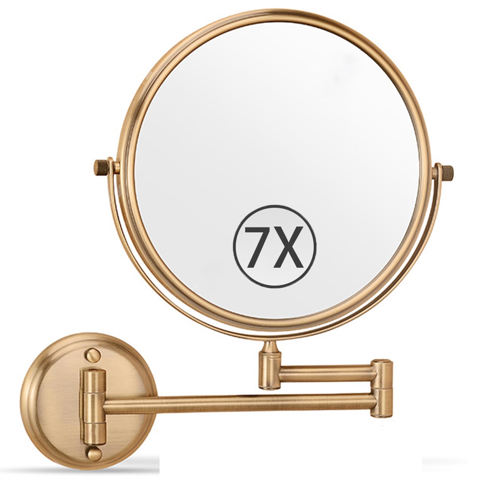 SXFSDOU 8" Wall Mounted Makeup Mirror with Magnification, Double Sided Magnifying Mirror, 360° Swivel Extendable Vanity for Bathroom,Brass,7X