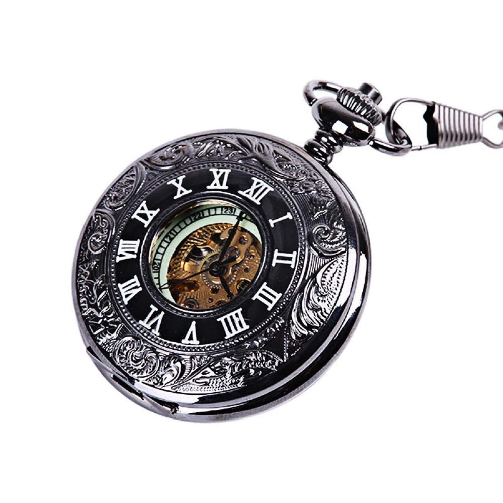 Desconocido Reloj de Bolsillo, Cadena Gruesa Negra Grande Tallada Encaje Ahuecado Reloj de Bolsillo clásico mecánico Luminoso
