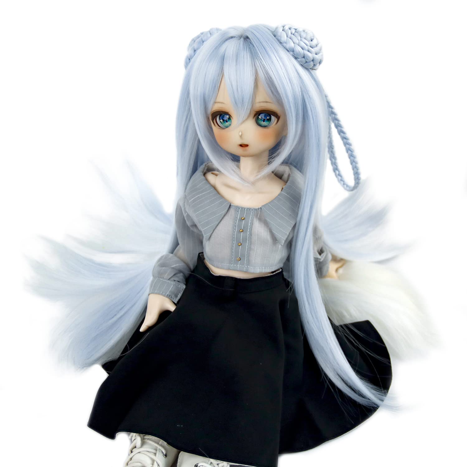 MUZIWIG 1/3 BJD SD Doll Wig For Women Girls, Blue Plait & Bun Wig for 1/3 BJD Doll Making Hair Heat Resistant Synthetic Wig for HC 8-9 Inch 22-24cm Doll Wig