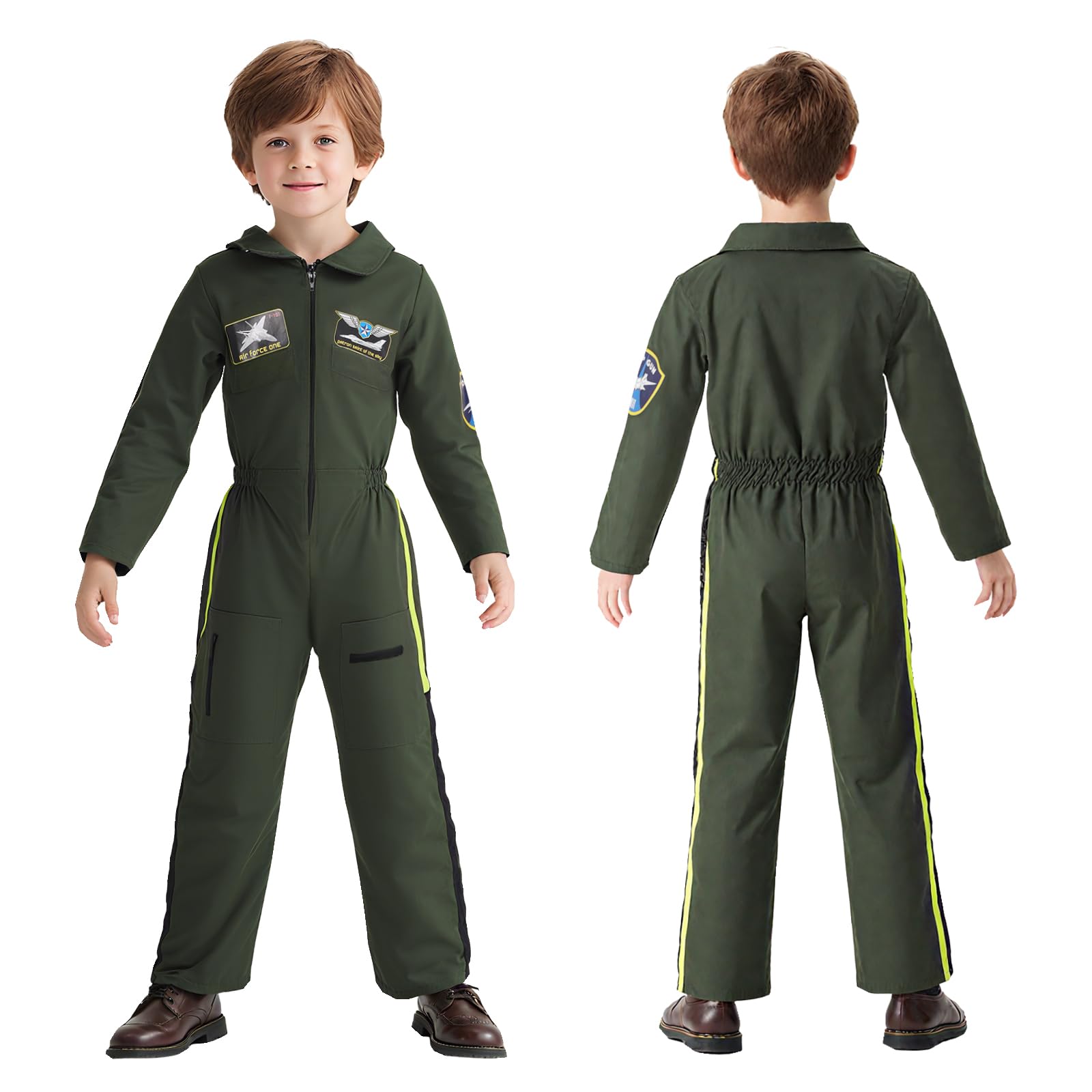 JoyFuncos Fighter Pilot Costume Kids Aviator Jumpsuit Flight Suit Halloween Outfit 1940s Fancy Dress for Boys Girls Party Cosplay (110)