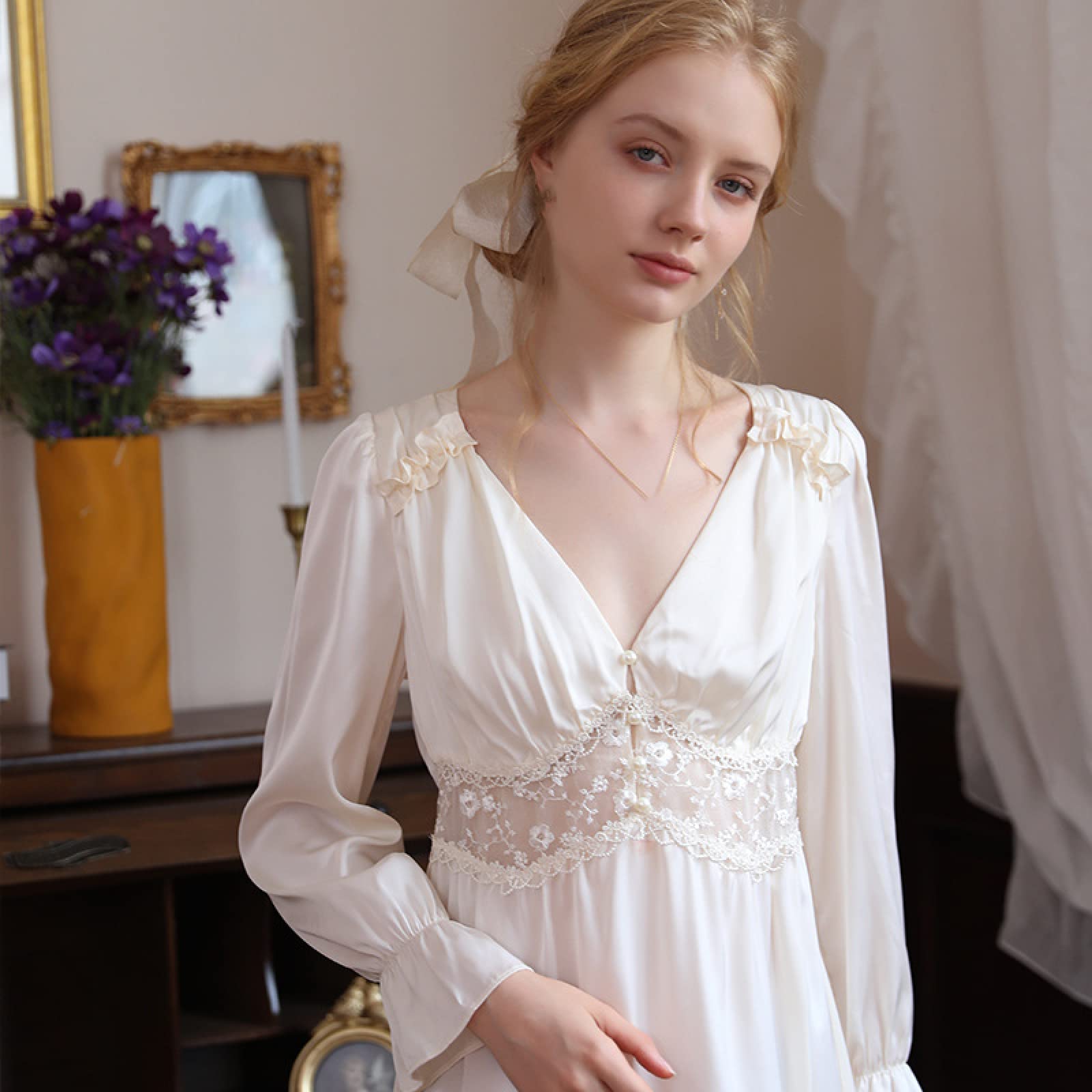 YAROVA Damen Nachthemden - Süßes Seiden-Nachtkleid Für Frauen Mit Tiefem V-Spitze-Prinzessin-Nachtwäsche Fshion-Nachthemd Vintage-Nachthemden Loungewear Frühlings-Herbst-Langarm