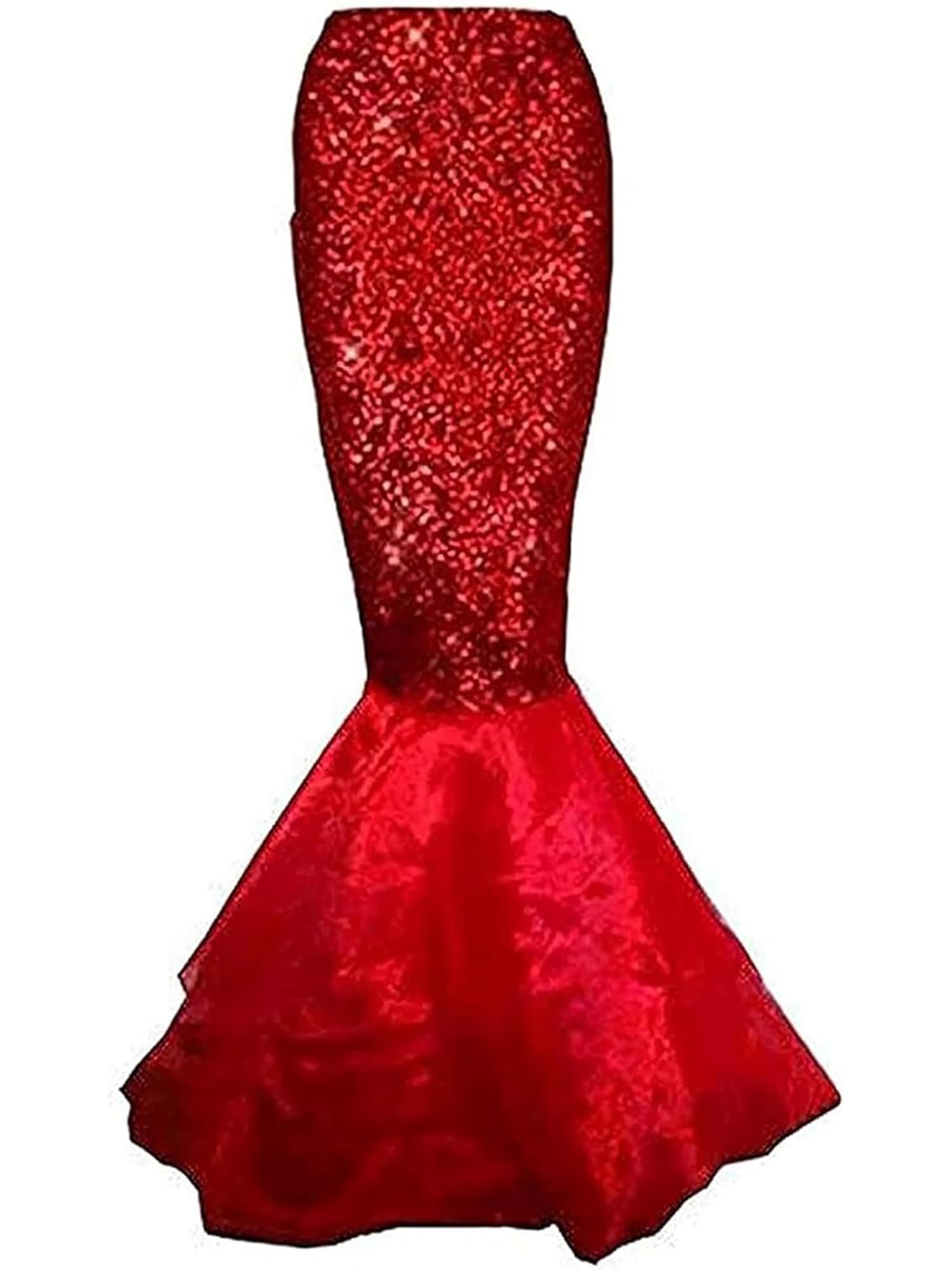 Svuitmsl Women Mermaid Skirt Fancy Metallic Sequins Long Fishtail Skirt with Asymmetric Mesh Panel Halloween Party Cosplay Costume (B-Red, S)