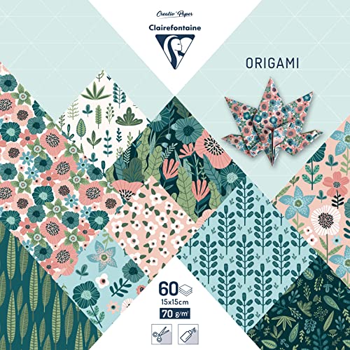 Clairefontaine 95372C - 60 Feuilles de Papier Origami 70g/m², Format 15x15cm, 30 Motifs Colorés Assortis (2 Feuilles par Motif), Loisirs Créatifs Adultes et Enfants, Collection Herbier