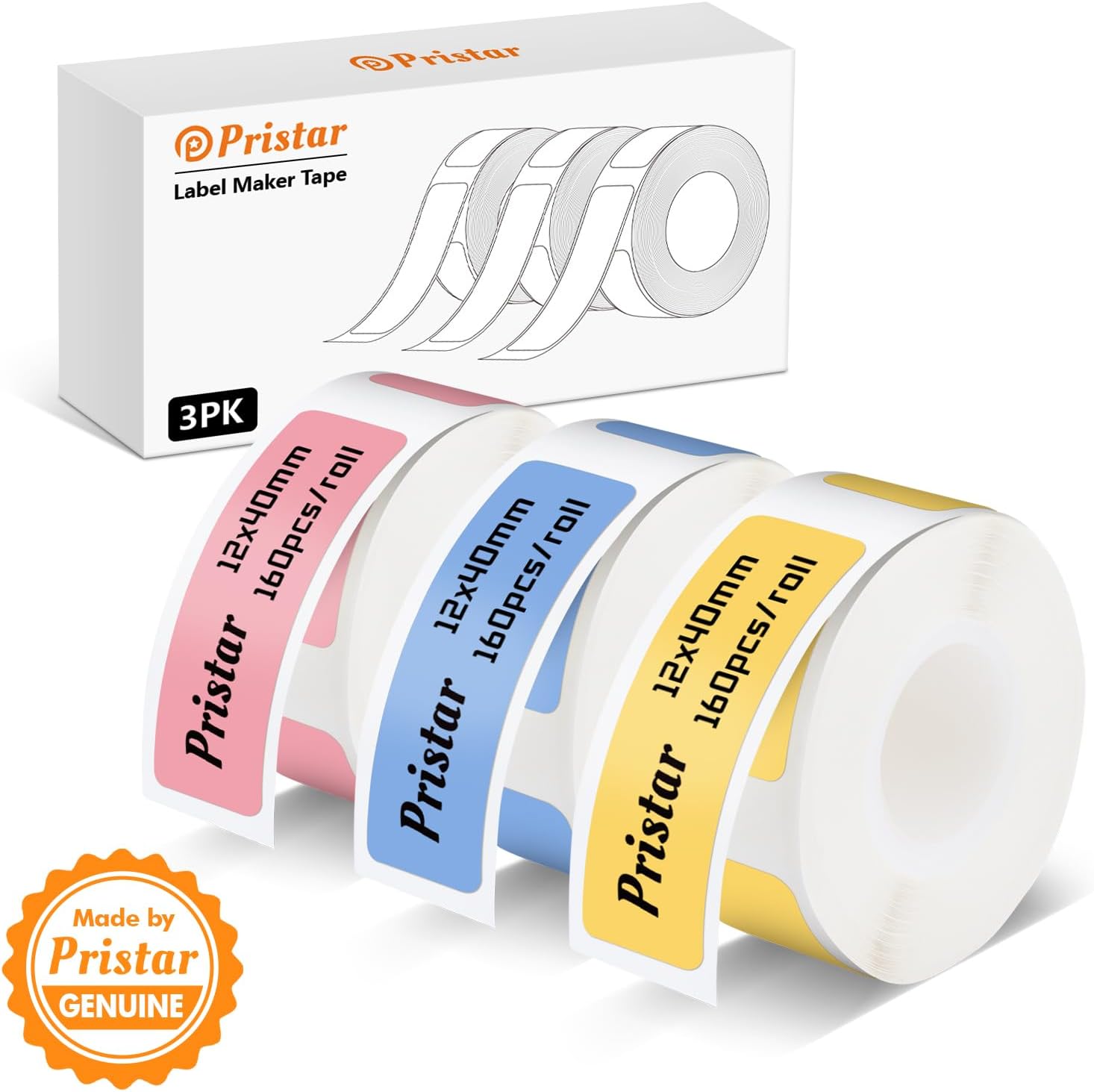 Pristar P15 Labels, 3 Rotoli 12 mm x 40 mm Nastro Adesivo per Termiche, Compatible with P15 Label Maker, Pink + Giallo + Blue, 160 Labels / Rotolo