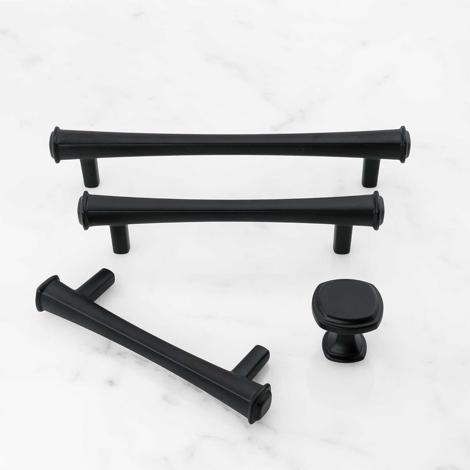 HESTIA HARDWARE 20 Pack Matte Black Vintage Décor Pulls and Knobs Set - 10 Square Softened Edge Knobs and 10 3.75 Inch Hole Center Handles - Decorative Furniture and Dresser Hardware Bundle