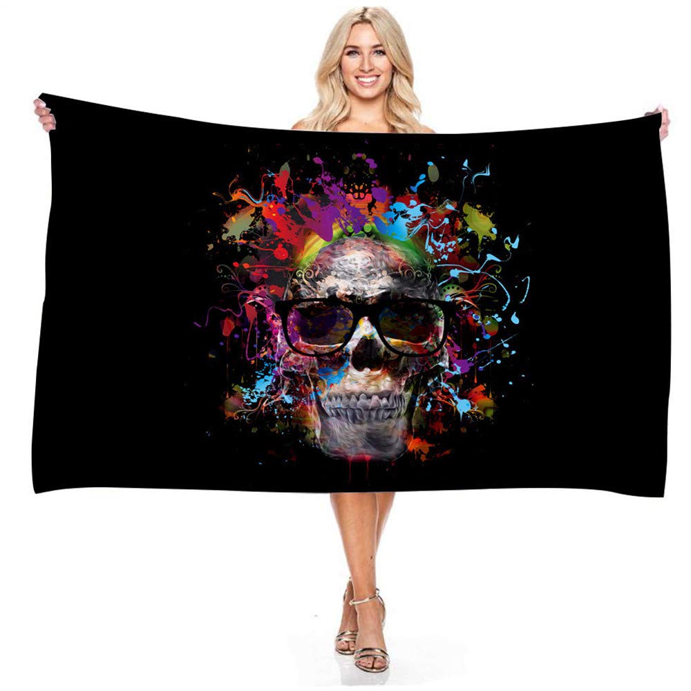 Treer D Microfiber Beach Towel Large Oversize, Colorful Skull 3 Printing Lightweight Soft Absorbable Travel Towels Sports Bath Washcloth For Bedroom Swim Pool Yoga Travelling (70X150cm,)