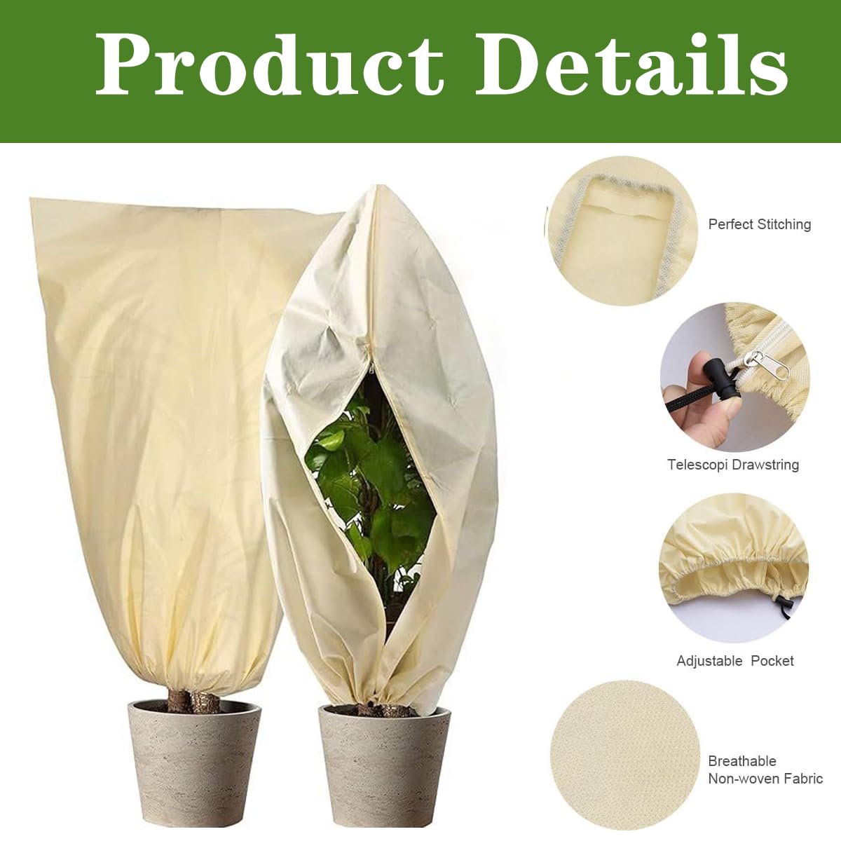 2 x Winter Protection for Plants (80 x 100 cm 80 x 120 cm) Winter Frost Protection Covers for Plants Antifreeze Plant Cover with Zip and Drawstring - Image 3