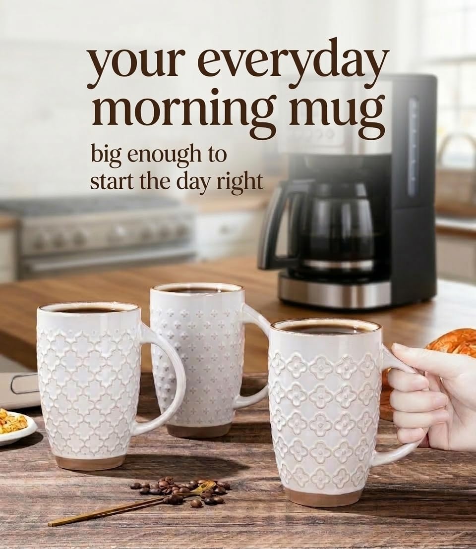 GBhome 20oz Large Coffee Mugs Set of 6, Handmade Tall Ceramic Coffee Mugs with Texture Patterns for Cappuccino, Latte,Hot Cocoa, Dishwasher & Microwave Safe-Off White