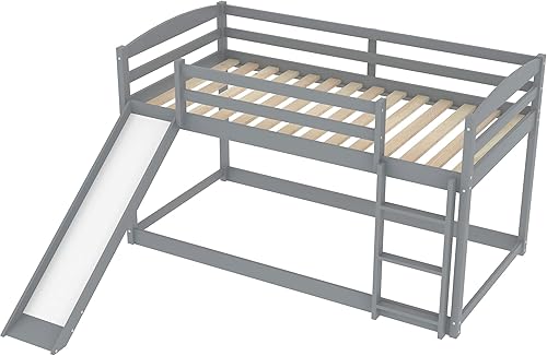 Miniatura 7 de Harper & Bright Designs Litera de tamaño individual sobre individual con tobogán convertible y escalera, litera baja con tobogán, marco de litera