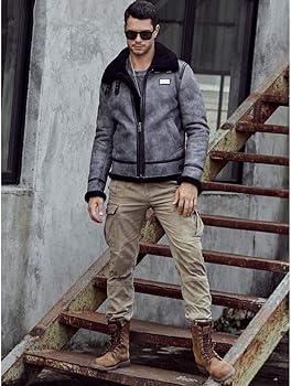 Denny&Dora New Shearling Coat Mens B3 Bomber Jacket Grey Leather