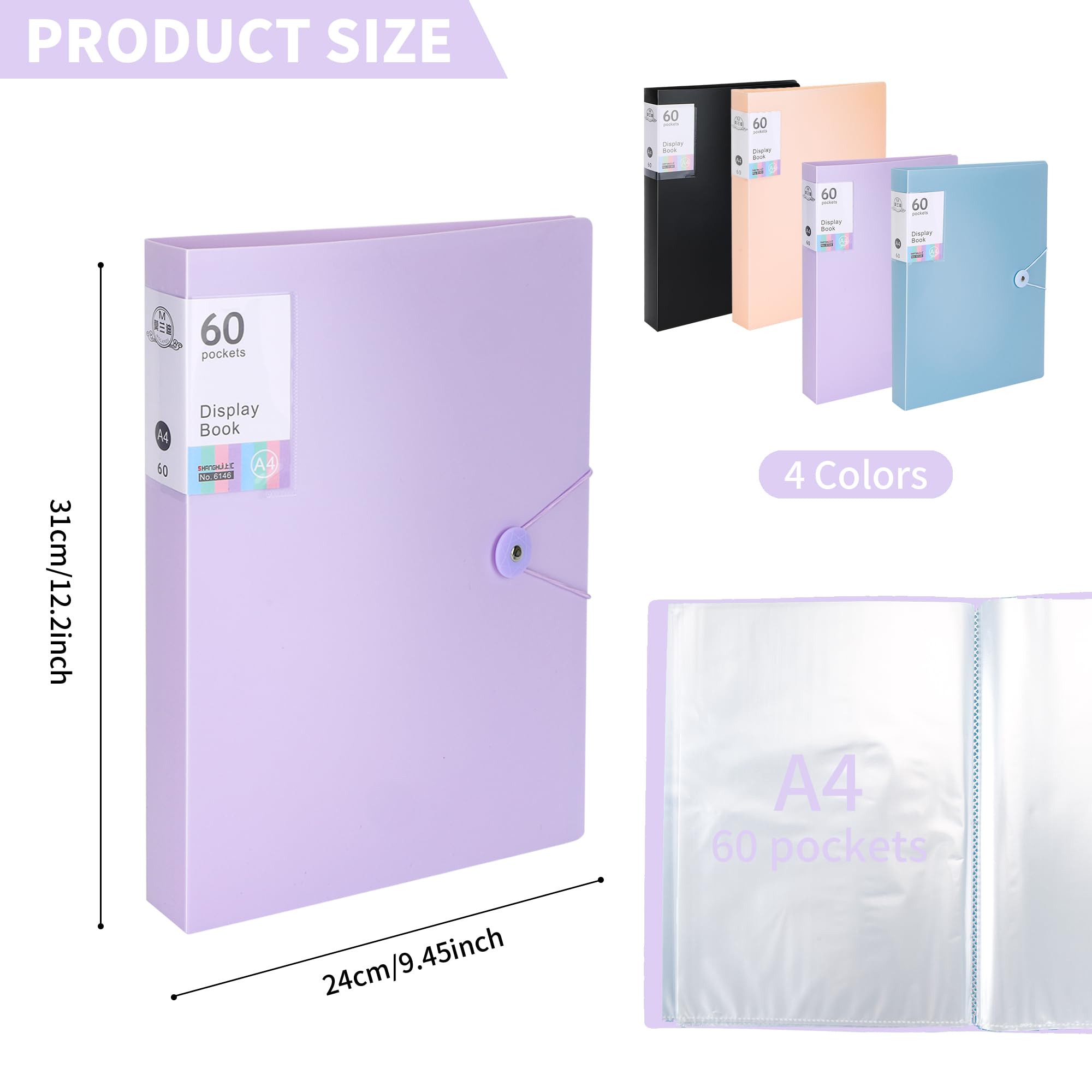 WeeGoo 4 PCS 60 Pockets Display Folders A4, 4 Colors Display Book Folder with Plastic Sleeves and Safety Rope, Presentation Folders for Offices Home - Image 2