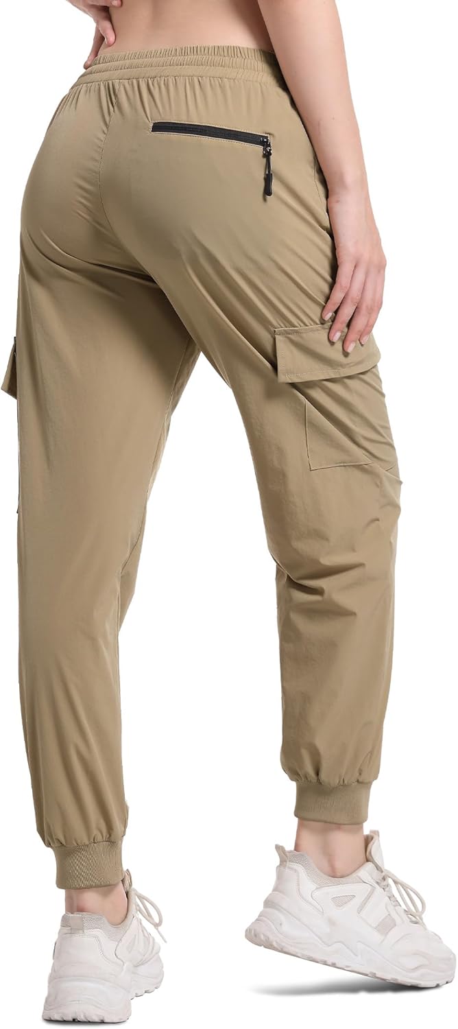 Buauty Womens Hiking Pants Pocketed Cargo Joggers Lightweight Quick Dry Waterproof Pants Elastic Waist Casual Travel Leggings Khaki - Image 2