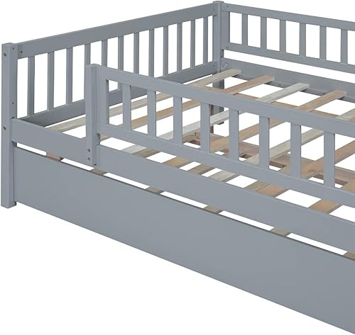Miniatura 5 de Cama de día de madera de pino de tamaño matrimonial con nido, barandillas de valla para niños y niñas, gris