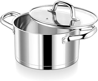 P&P CHEF 5 Quarts Cooking Stock Pot with Lid, Stainless Steel Stockpot Induction Pot for Soup, Tri-Ply Bottom & Clear Glass Lid & Double Handle, Dishwasher Safe