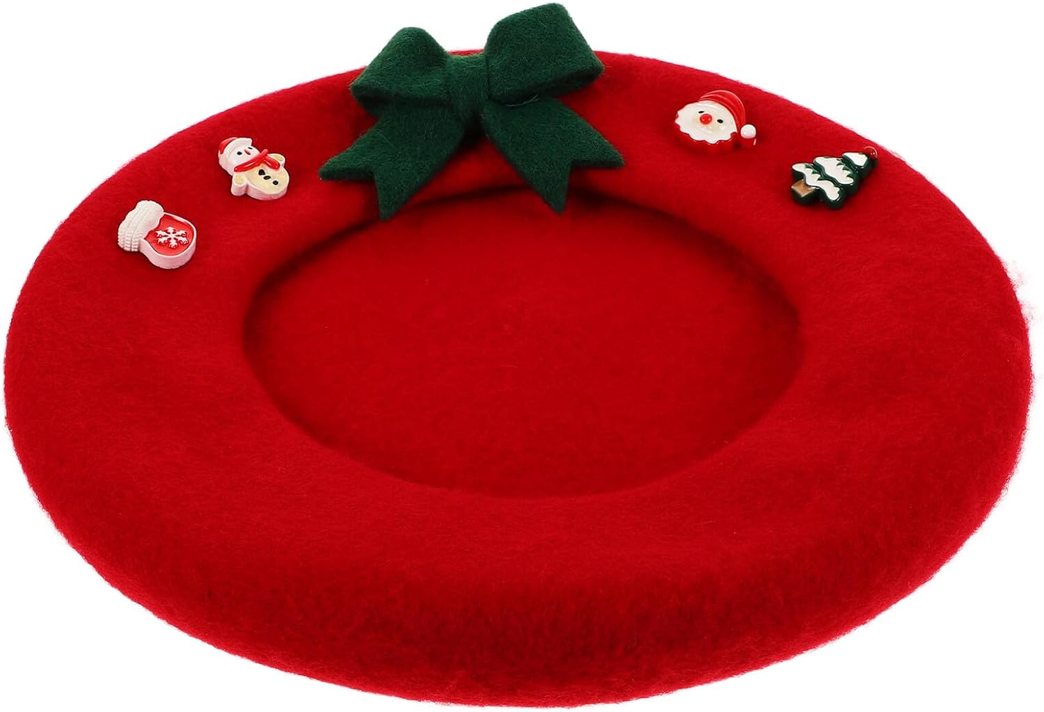 Red Wool Beret Cap with Bowknot for Women, Warm Artist Style Mushroom Hat for Christmas Holiday, Fashion Knit Beret Winter Accessory