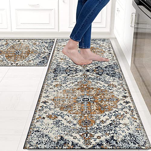 Boho Kitchen Rugs And Mats Sets Of 2, Farmhouse Bohemian Vintage Kitchen Rug Decoration,Rubber Backing Non-Slip Absorbent Mats For Sink,Washable And Waterproof Runner Rug For Laundry Room #TOP1
