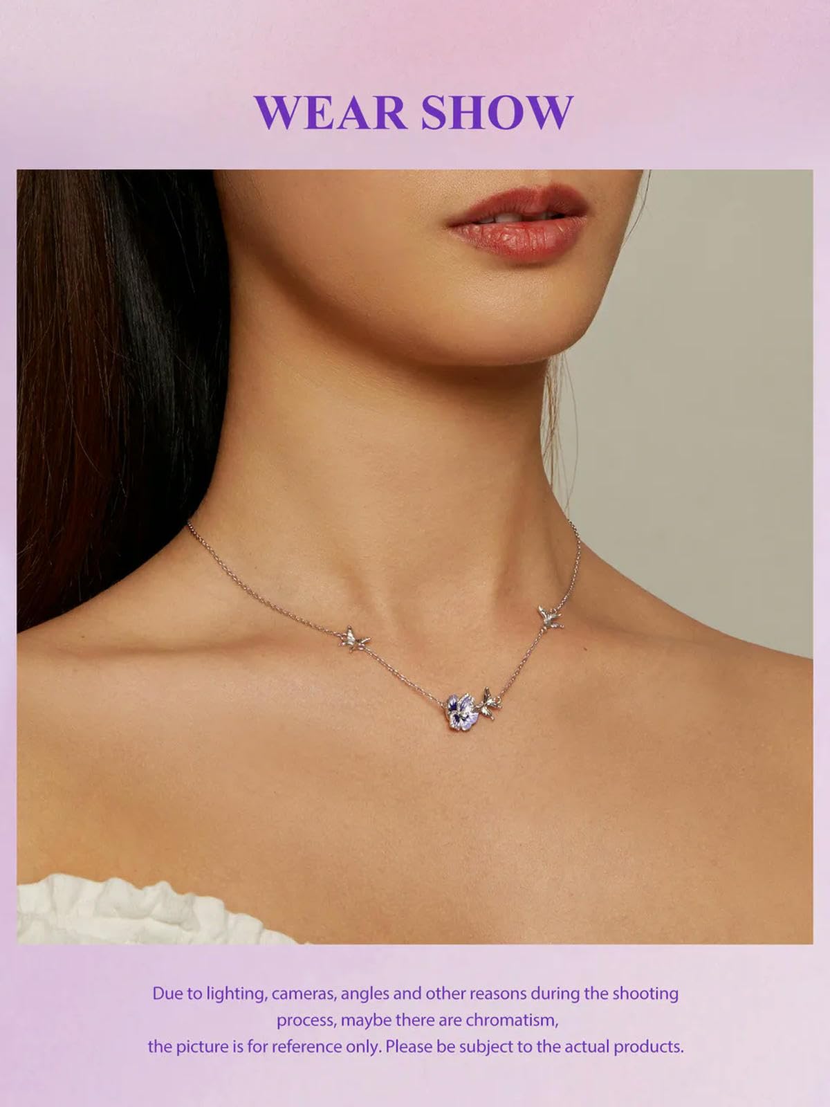 Collar Con Colgante De Flor De Pensamiento Esmaltada Morada En Plata De Ley 925, Cadena Ajustable Para El Cuello Con Mariposa Danzante Para Mujer